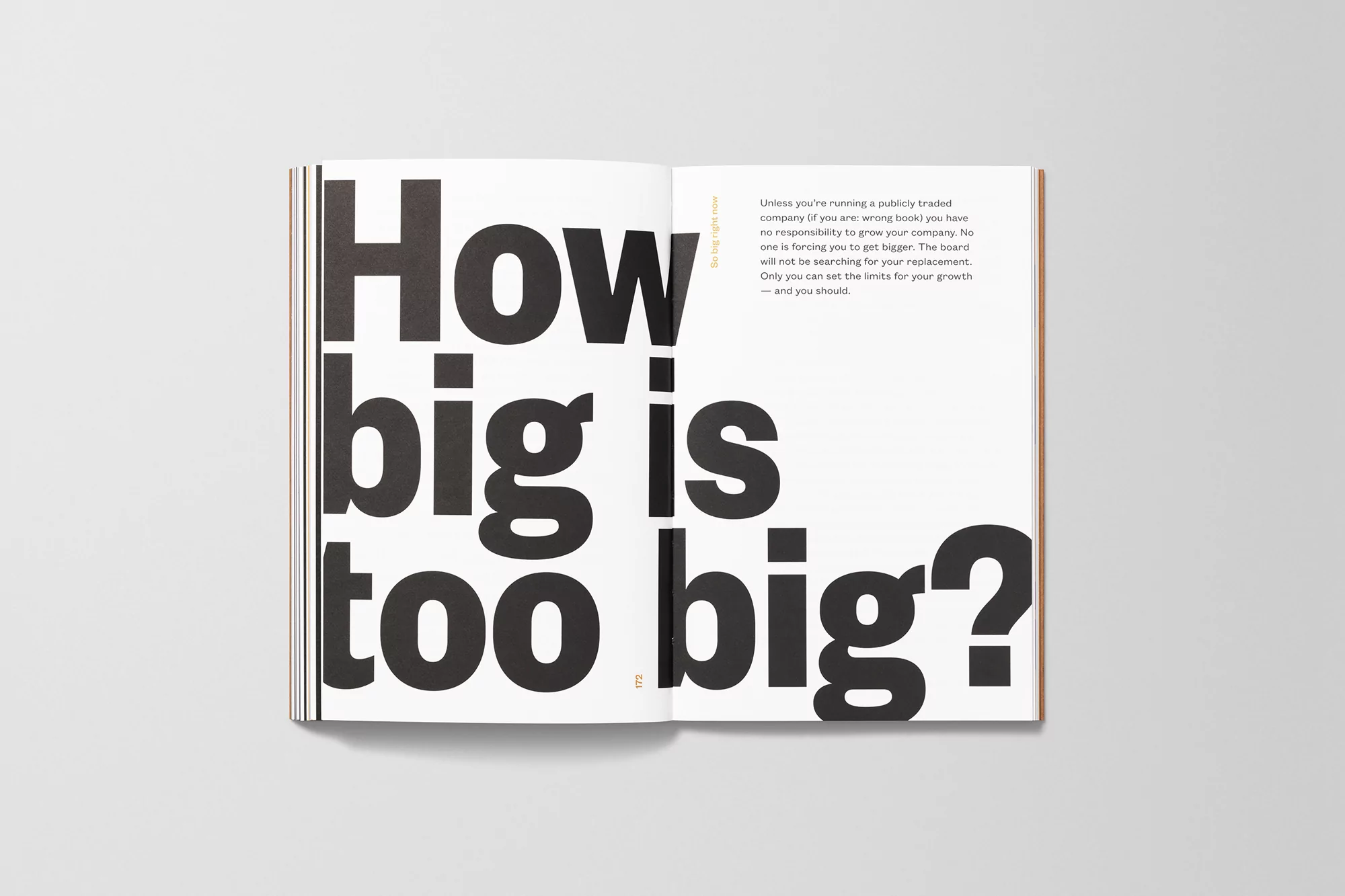 Open book with bold black typography: 'How big is too big?' Text on facing page discusses business growth strategies, white background.