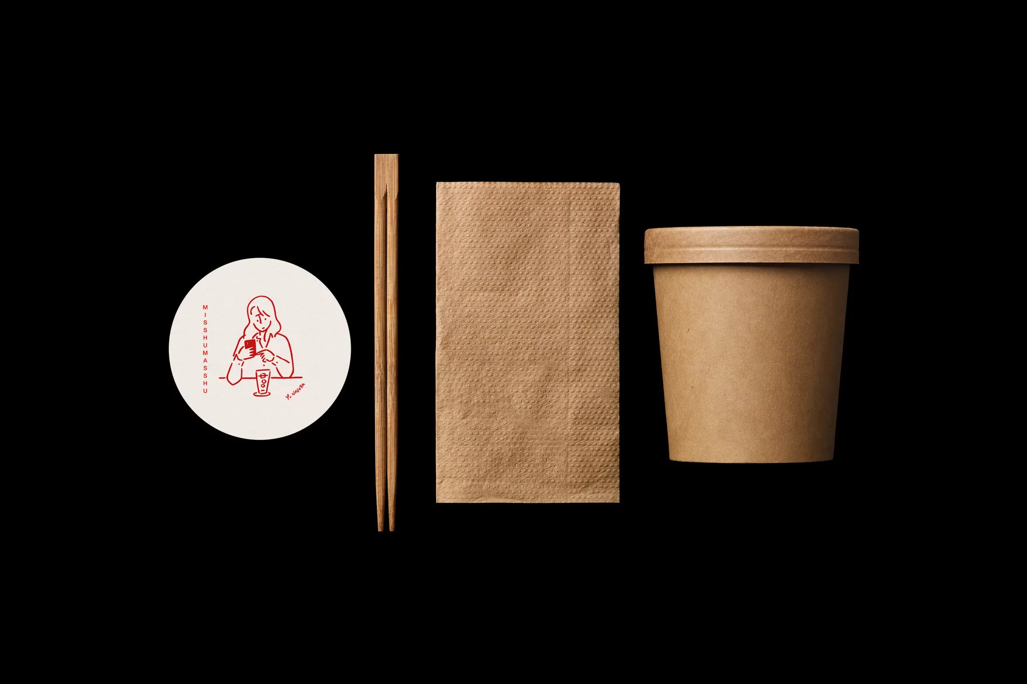 Still life of a paper cup with a lid, chopsticks, a paper napkin, and a coaster with a red outline drawing on a black background.