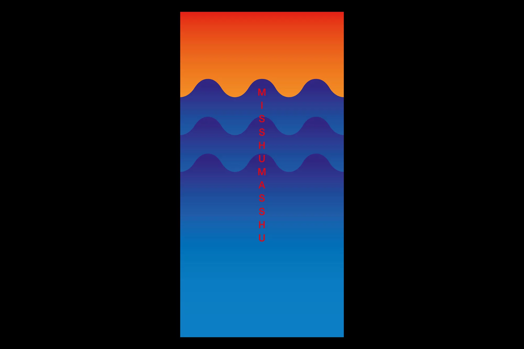Abstract graphic art features red text over blue waves with a gradient background transitioning from orange to blue on a black backdrop.