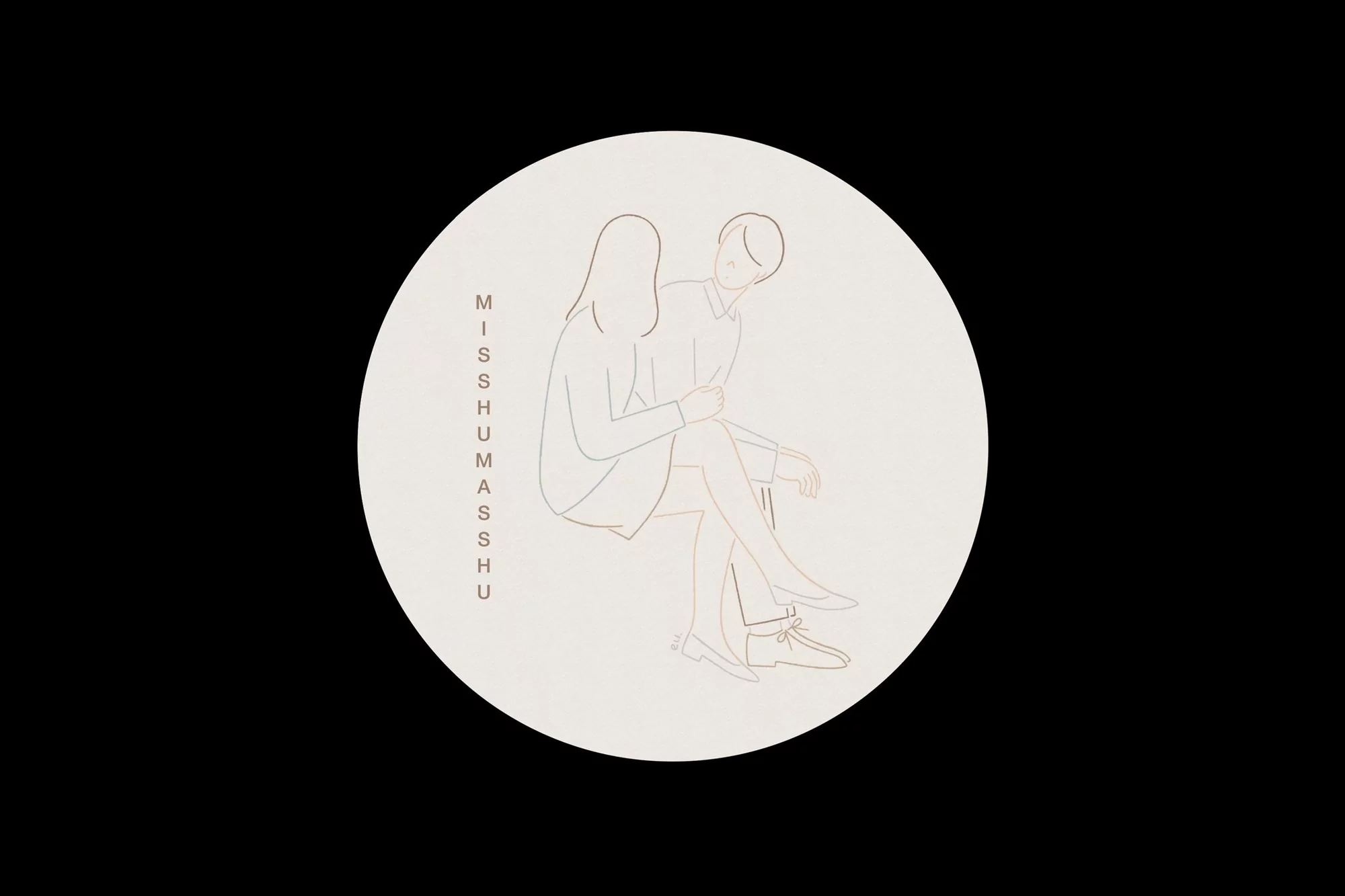 Illustration of a sitting couple in a minimalist line art style on an off-white circular background with the brand name to the left.