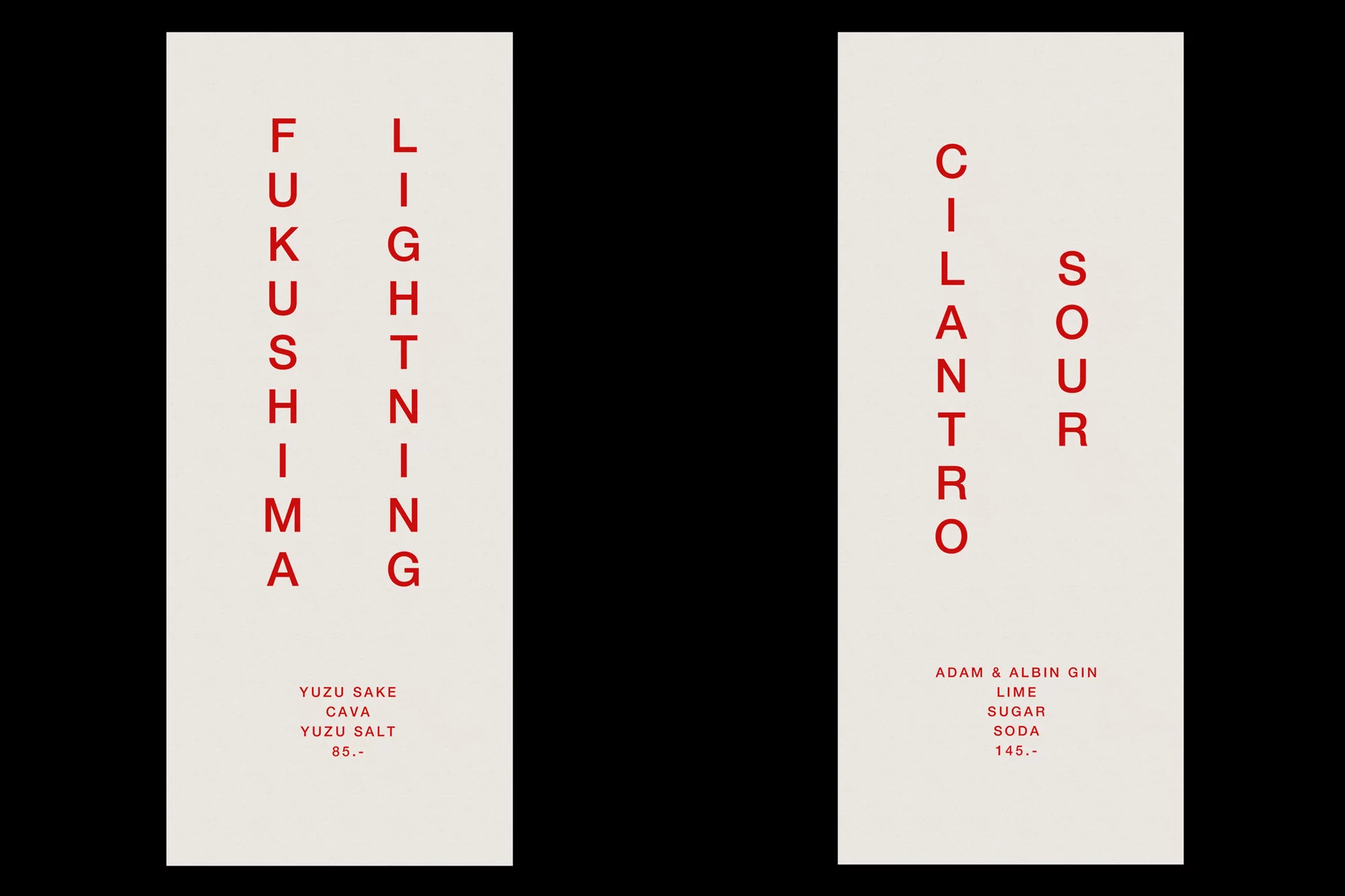 Two menus with drink names 'Fukushima Lightning' and 'Cilantro Sour' written in red against a cream background in a studio shot.