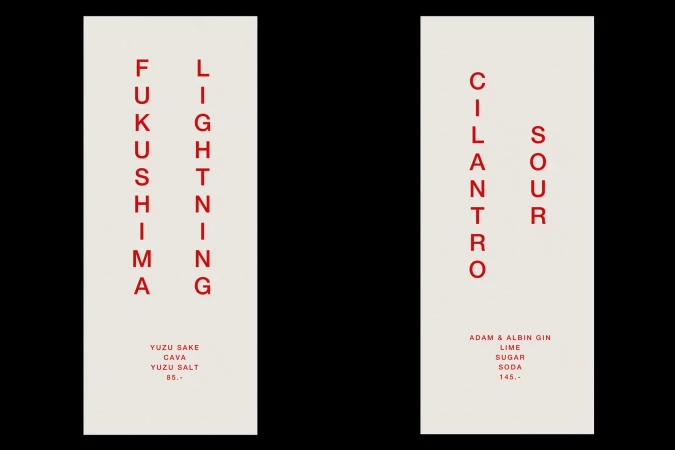 Two menus with drink names 'Fukushima Lightning' and 'Cilantro Sour' written in red against a cream background in a studio shot.