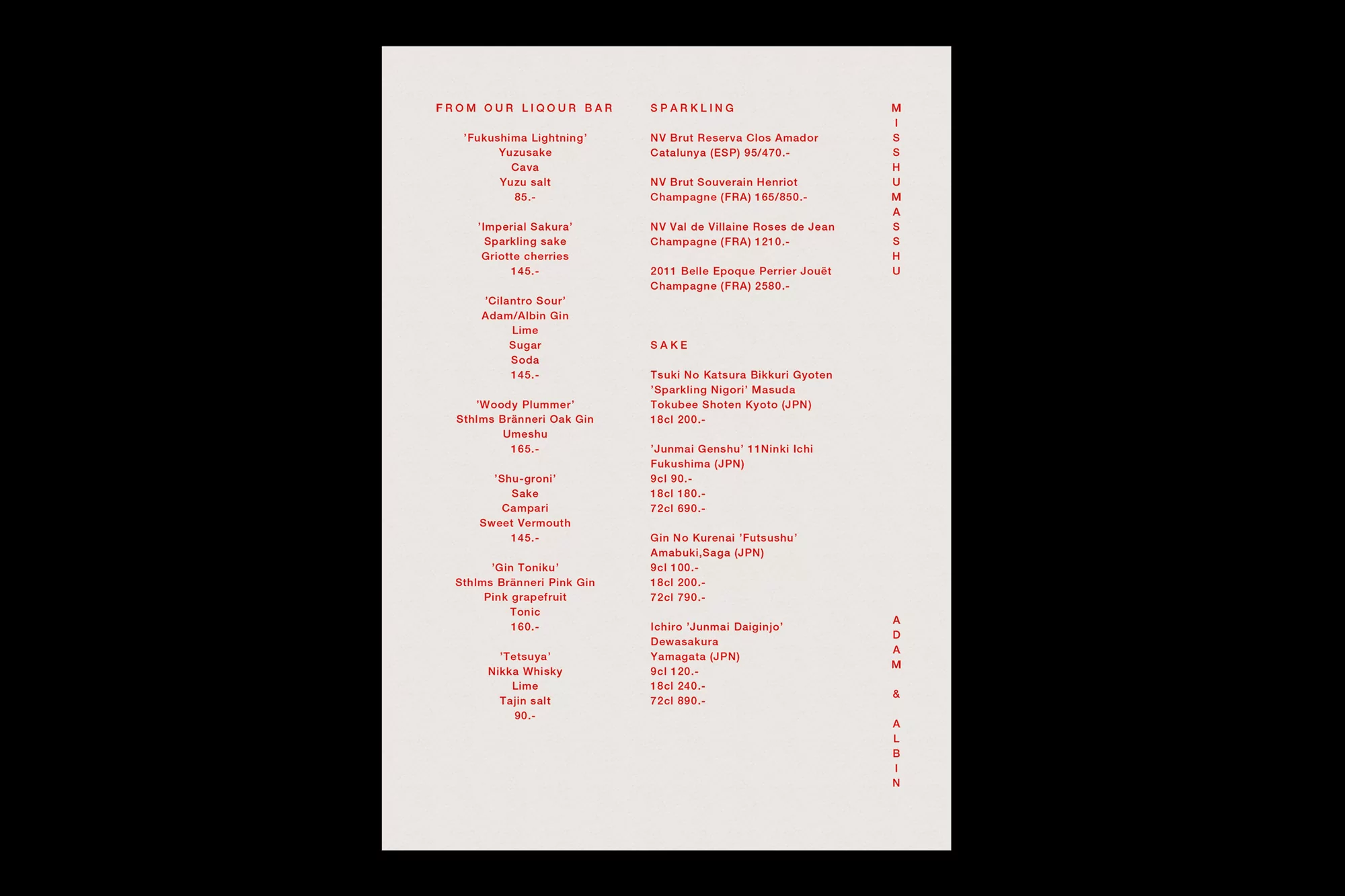 Minimalist red typographic menu card on cream paper featuring cocktail and sake lists for Misshumasshu by Daniel Carlsten.