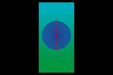 Concentric blue circles forming a tunnel effect with red typography against a teal and green gradient background.