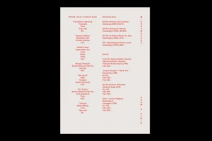 Minimalist red typographic menu card on cream paper featuring cocktail and sake lists for Misshumasshu by Daniel Carlsten.