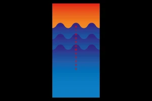 Vertical graphic design featuring layered blue wave patterns and a warm gradient sky above with centered red text spelling Misshumasshu.