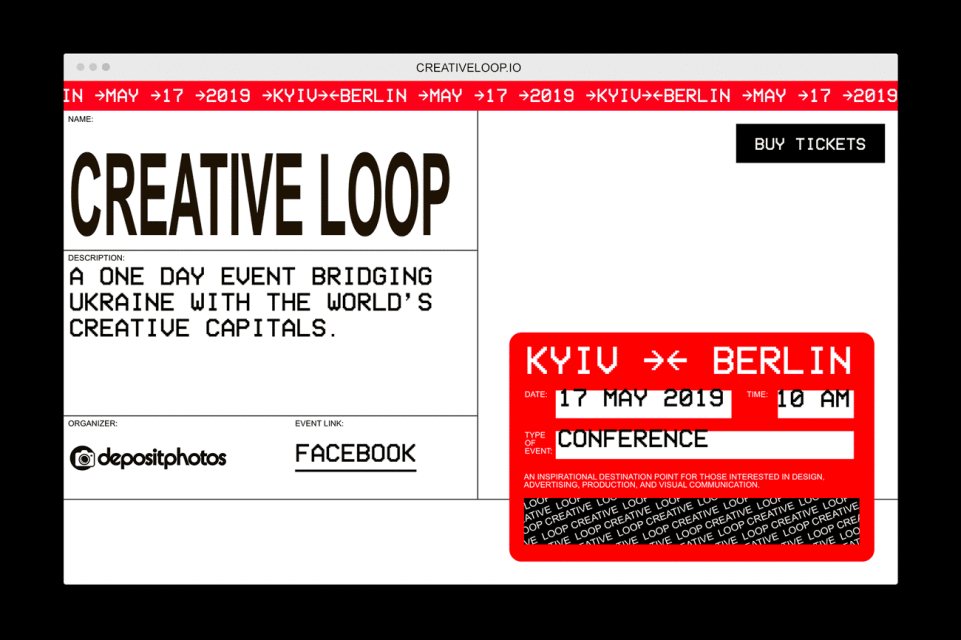 Digital graphic featuring the text 'Creative Loop', along with event details like dates, location, and organizer information on a white background.