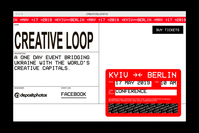 Digital graphic featuring the text 'Creative Loop', along with event details like dates, location, and organizer information on a white background.