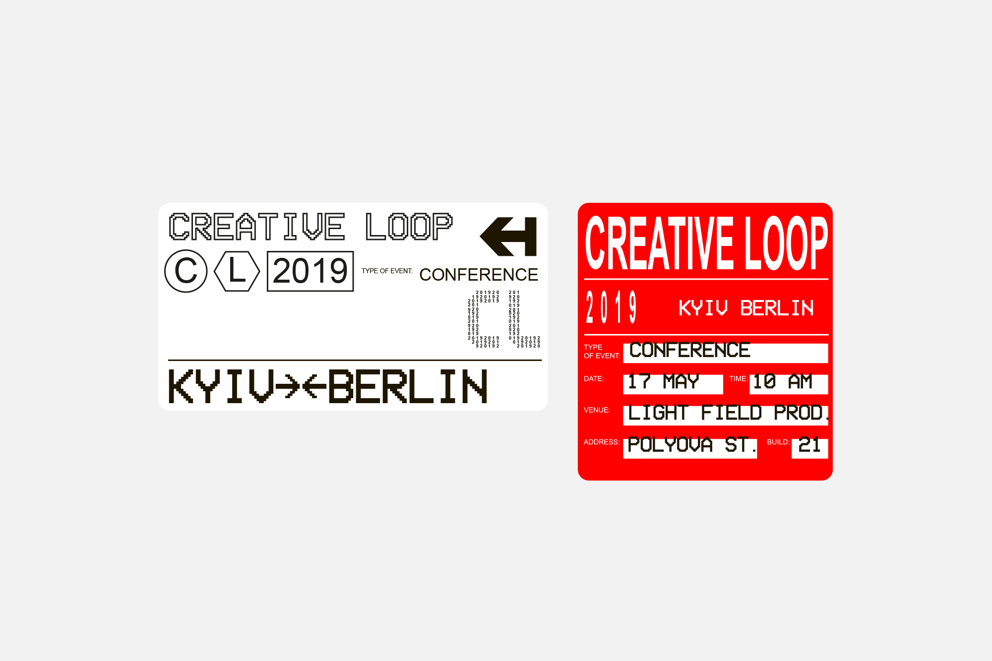 Creative Loop conference posters featuring minimalist design in red and black on white background with event details and Kyiv-Berlin theme.