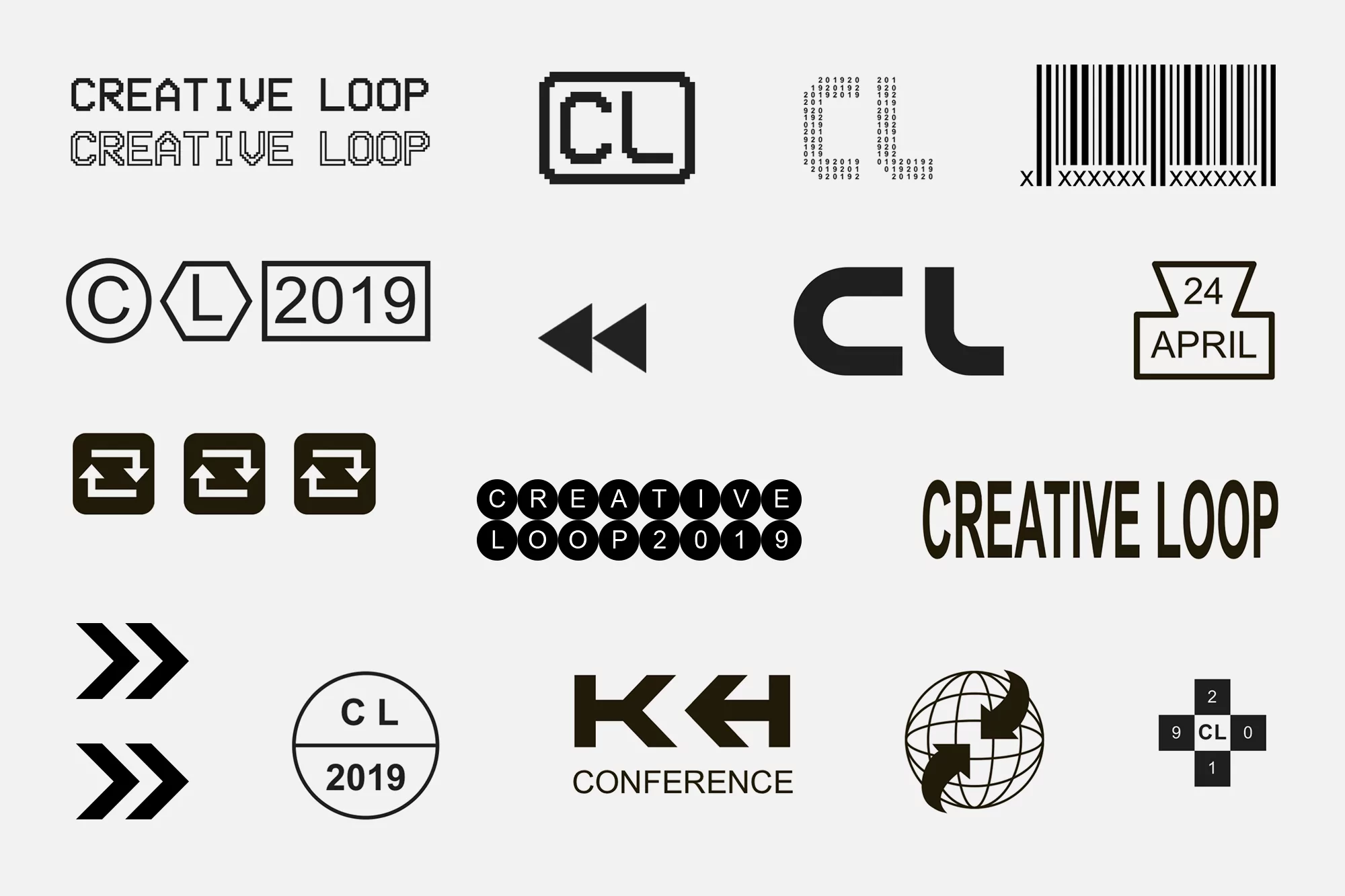 Graphic design compilation with logos and symbols in black and white, including text such as 'Creative Loop' and 'Conference'.