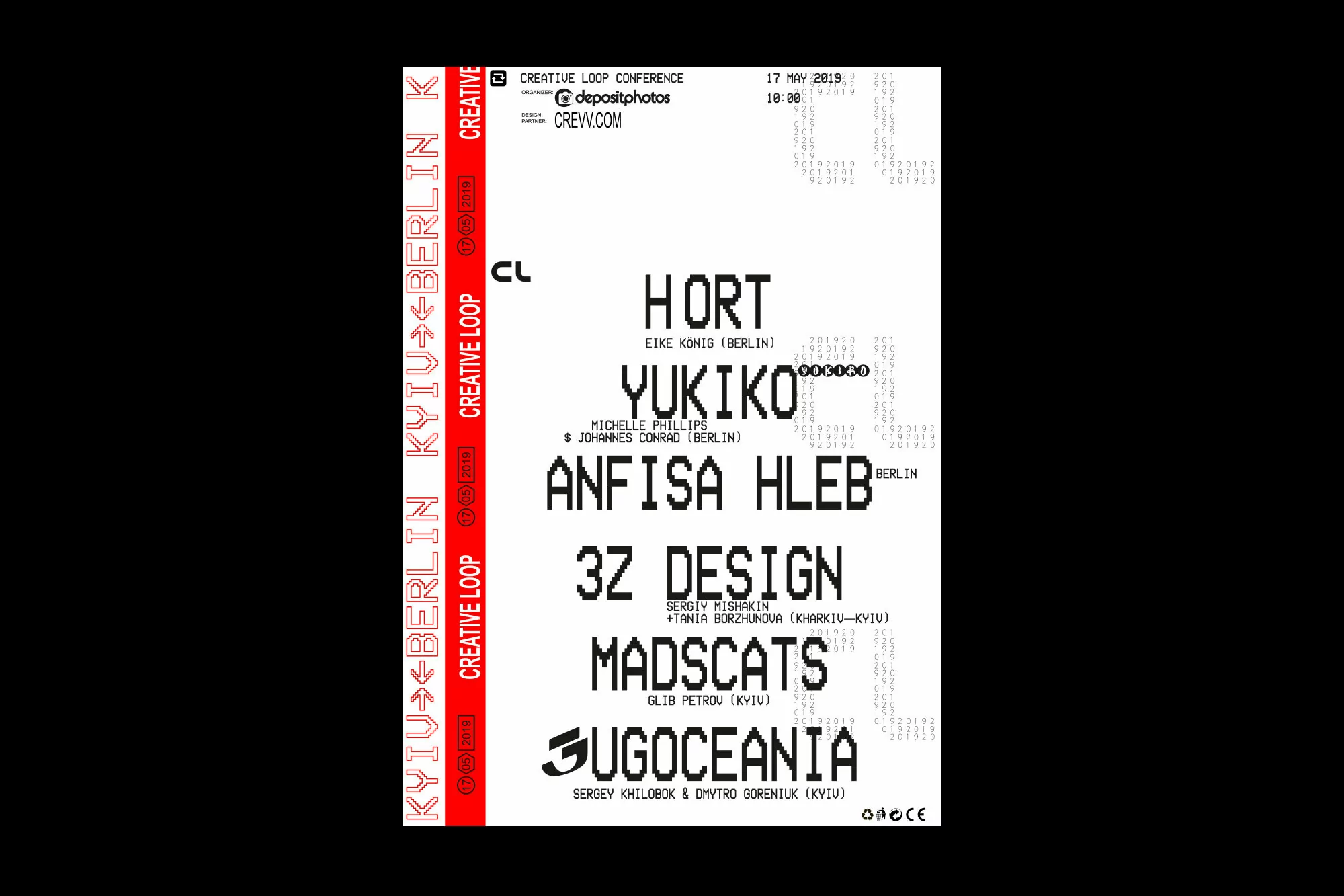 Creative Loop Conference poster with typography featuring event details, speaker names including Hort, Yukiko, and Anfisa Hleb, and locations.