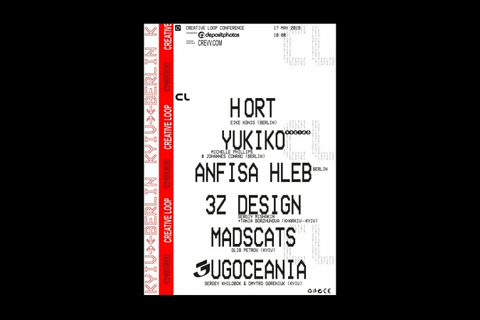 Creative Loop Conference poster with typography featuring event details, speaker names including Hort, Yukiko, and Anfisa Hleb, and locations.