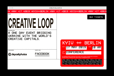 Digital brand identity design layout for Creative Loop conference featuring bold typography and a red ticket badge.