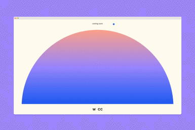 Digital browser window featuring a large semi-circular gradient arch graphic and coming soon text for Women's Creative Collective.
