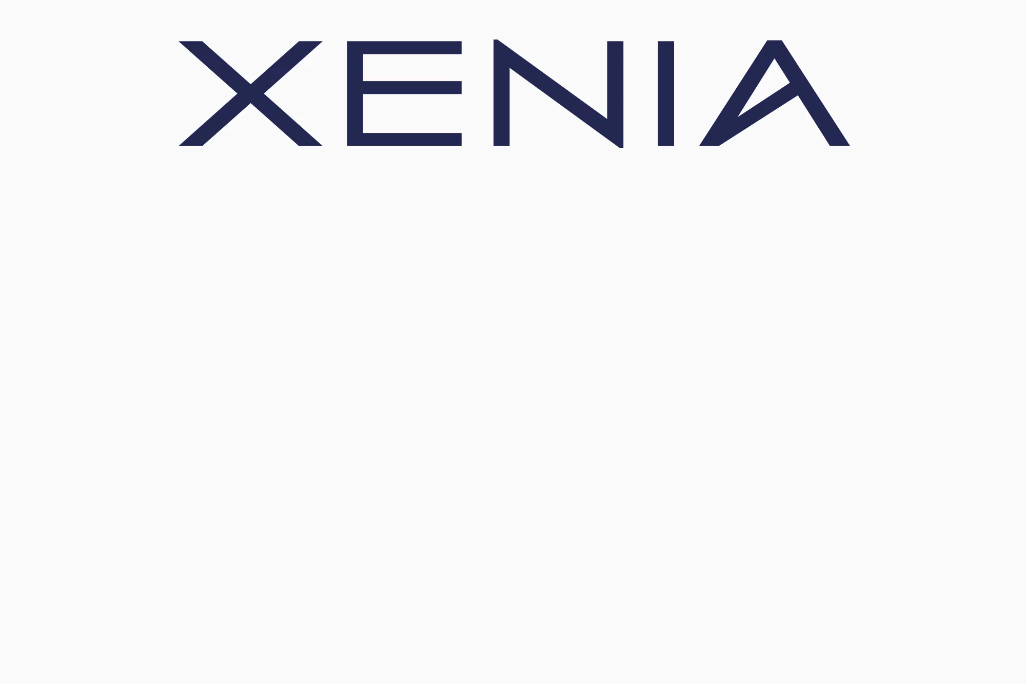 Xenia brand typography logo featuring dark blue uppercase lettering centered on a plain white background.