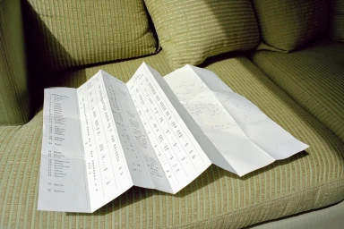 A folded printed map resting on an olive green textured sofa with matching cushions.