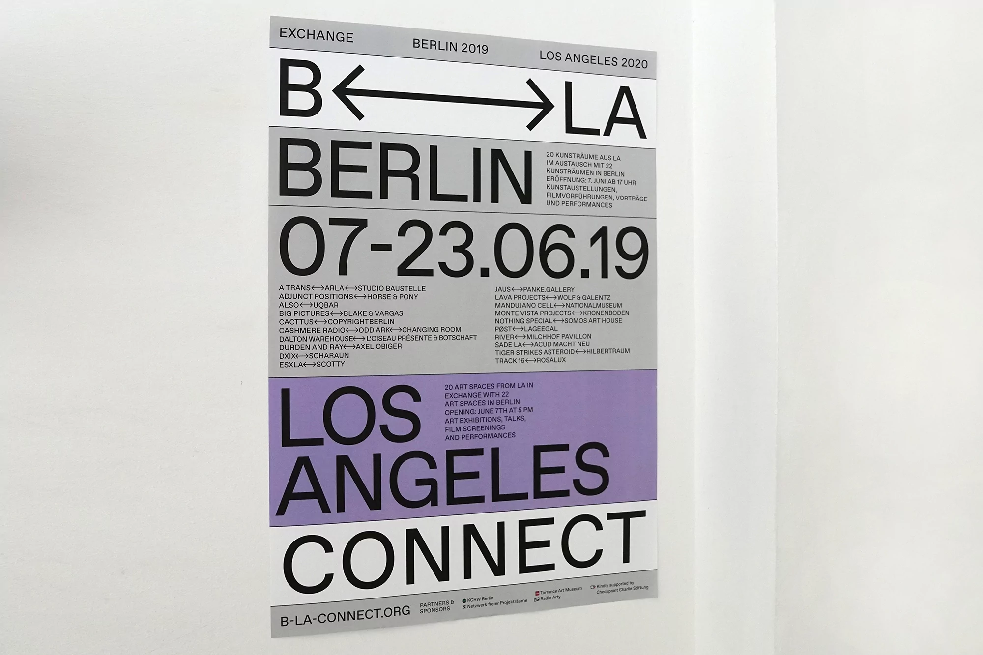 Promotional poster for Berlin and Los Angeles art exchange: 'B <-> LA, Berlin 07-23.06.19, Los Angeles Connect'.