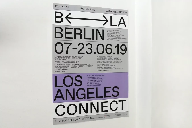 Promotional poster for Berlin and Los Angeles art exchange: 'B <-> LA, Berlin 07-23.06.19, Los Angeles Connect'.