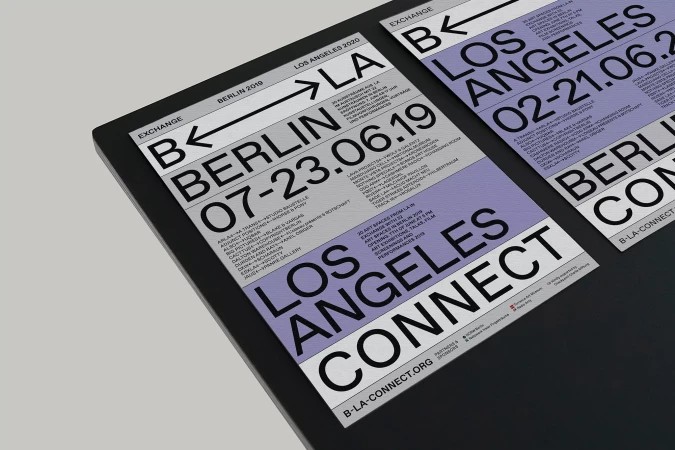 Two posters promoting the 'Berlin Los Angeles Connect' art exchange program, featuring event details and artist names.
