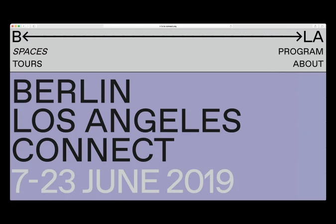 Promotional graphic featuring 'Berlin Los Angeles Connect, 7-23 June 2019' on a light purple background. Text is written in bold, black letters.