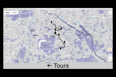 Digital city map interface with purple highlights, black route lines, pin markers, and a bottom banner reading Tours