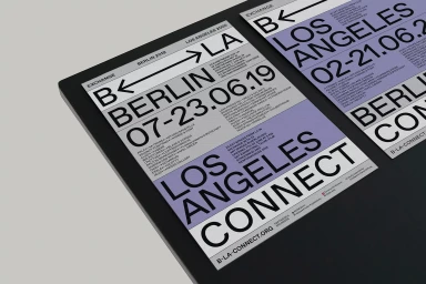Graphic design posters for B-LA Connect featuring bold typography and event details on grey and purple backgrounds.