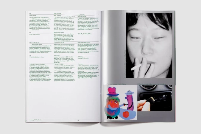 Page from magazine featuring monochromatic portrait of person smoking cigarette, colorful abstract art, and close-up of micro SD card.