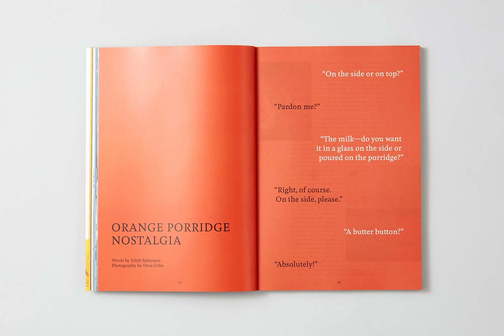 Open magazine spread features orange-toned pages with text excerpts like 'Orange Porridge Nostalgia' and conversational phrases.