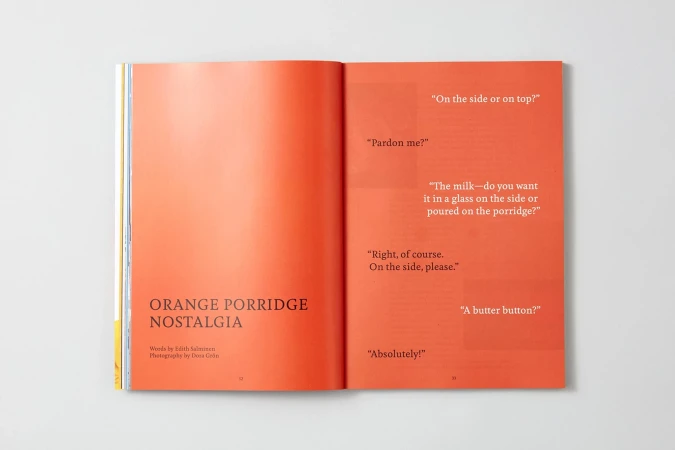 Open magazine spread features orange-toned pages with text excerpts like 'Orange Porridge Nostalgia' and conversational phrases.