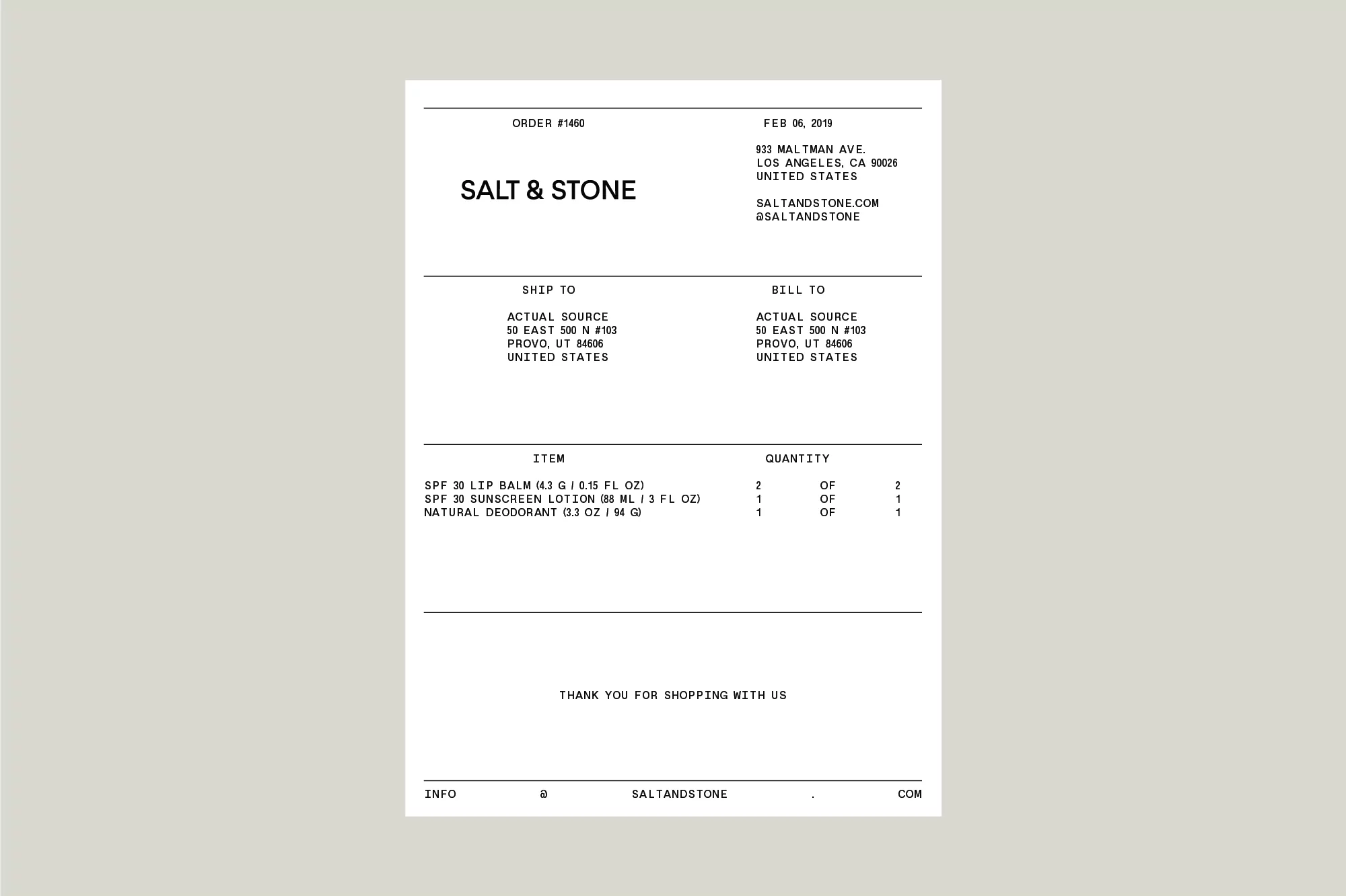 Salt & Stone order #1460 showing lip balm, sunscreen lotion, and natural deodorant product details, ship-to and bill-to addresses.