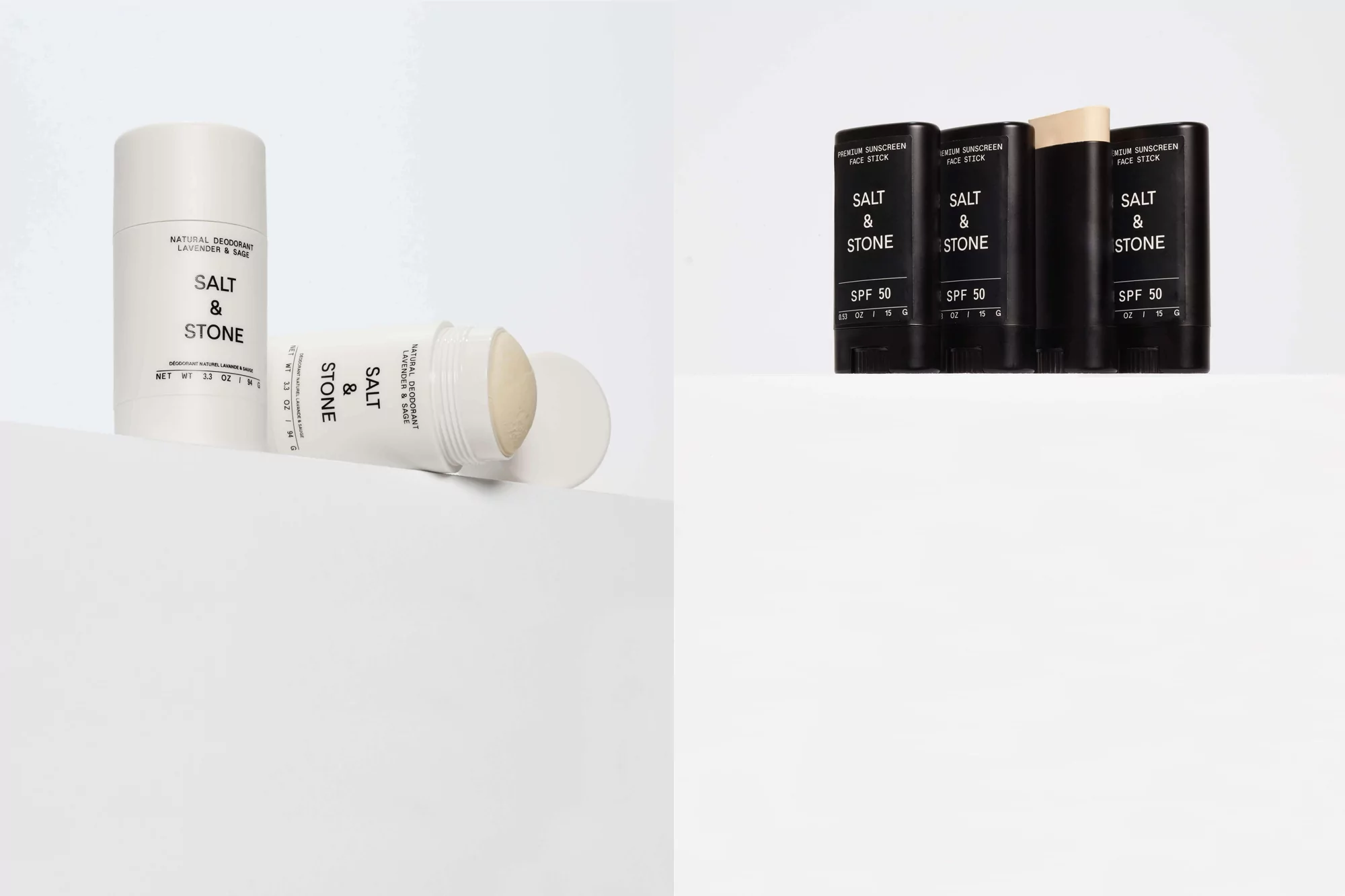Salt & Stone brand deodorant and sunscreen sticks on a white background, clean product photography, beauty product, skincare.