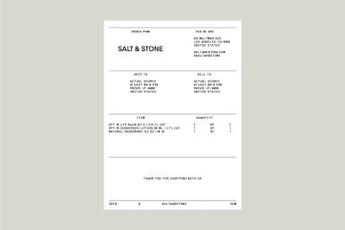 Minimalist receipt document for Salt and Stone featuring clean typography and structured order details on white paper