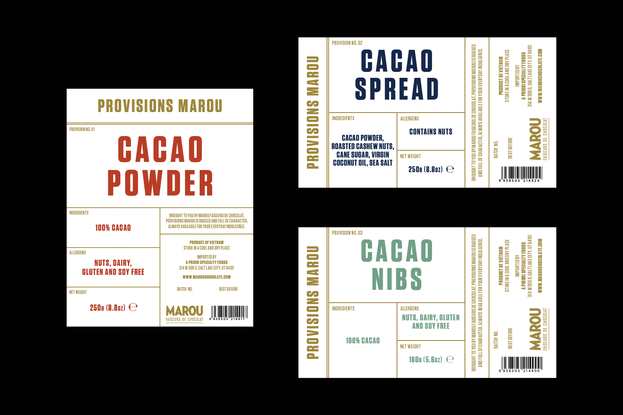 Marou Provisions cacao products including cacao powder, cacao spread, and cacao nibs in packaging with dark text on white labels.
