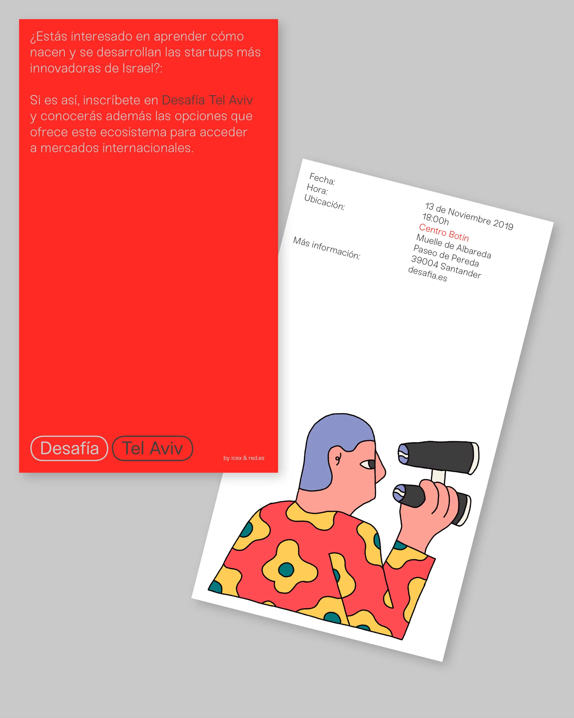 Illustration of a person with binoculars on an event flyer for Desafia Tel Aviv, set against a red flyer with event details.