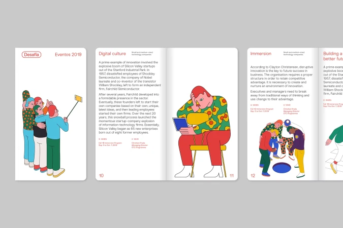 Illustrated pages feature groups and individuals with text excerpts discussing innovation in Silicon Valley and business environments.