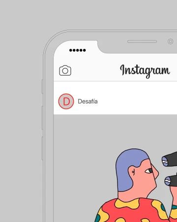 Illustration of a cartoon person looking through binoculars on an Instagram app screen, showcasing the 'Desafía' challenge.