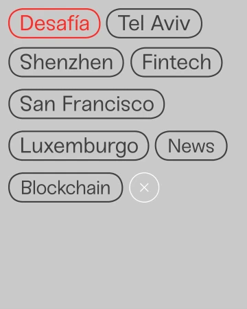 Word cloud with terms like 'Desafia,' 'Tel Aviv,' 'Shenzhen,' 'Fintech,' 'San Francisco,' 'Luxemburgo,' 'News,' and 'Blockchain'.
