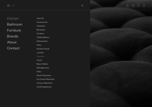 Digital menu presents Kitchen, Bathroom, Furniture, Brands, About, and Contact options alongside accessories and appliances list on dark background.