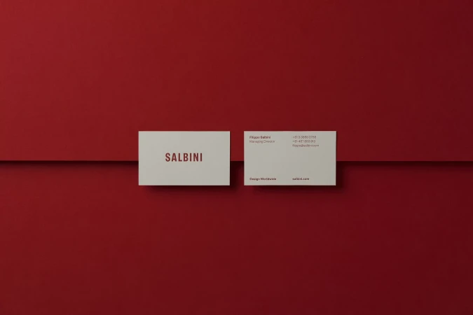 Two white SALBINI business cards on a red background with a horizontal line running behind them. Modern, minimalist design.