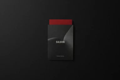 Salbini brand identity presentation featuring a black document holder with white typography and a red card insert on a dark background.