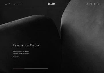 Monochrome website interface for Salbini brand identity featuring minimalist dark typography and abstract sculptural forms.