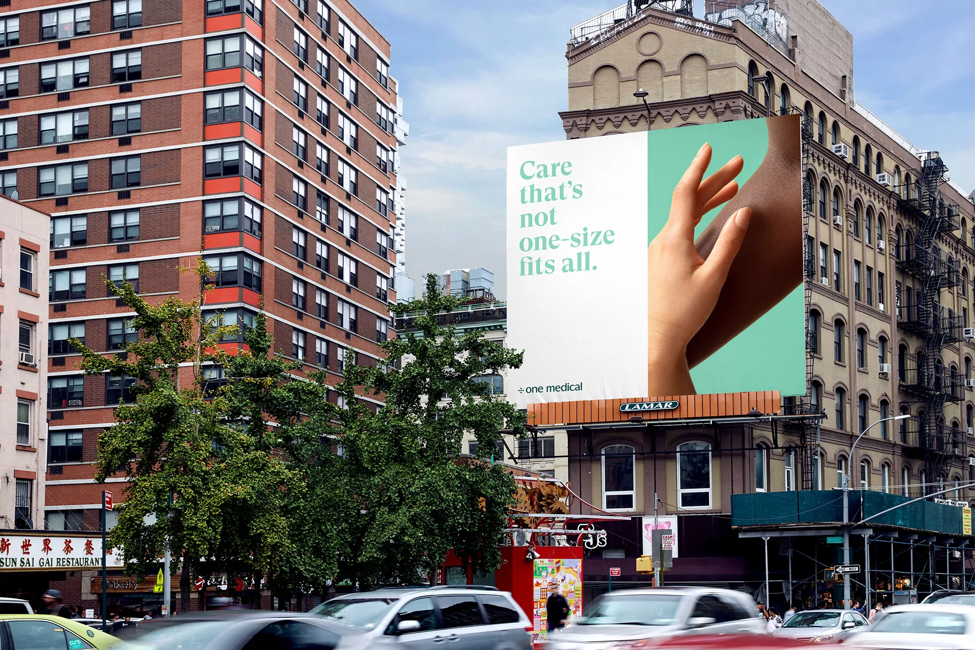 Urban billboard advertises healthcare with a focus on personalized medicine, featuring a diverse hand against a modern city backdrop.