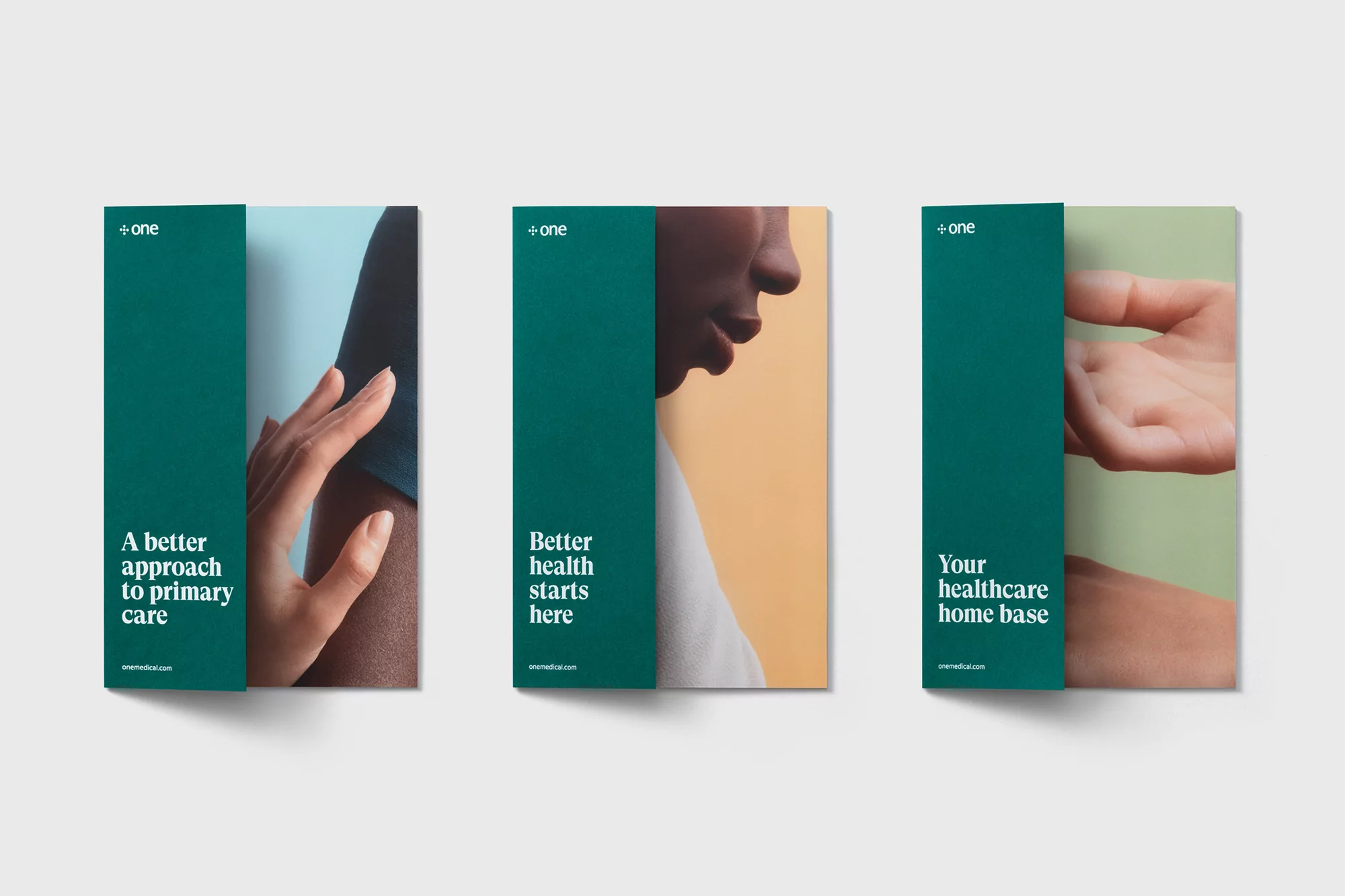 Three vertically-oriented healthcare advertisements or brochures featuring an adult hand, face, and arm with teal and peach-colored backgrounds.