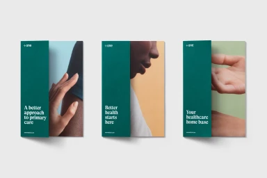 Three vertical printed brand brochures featuring bold teal panels, white typography, and photographic human details on white background.