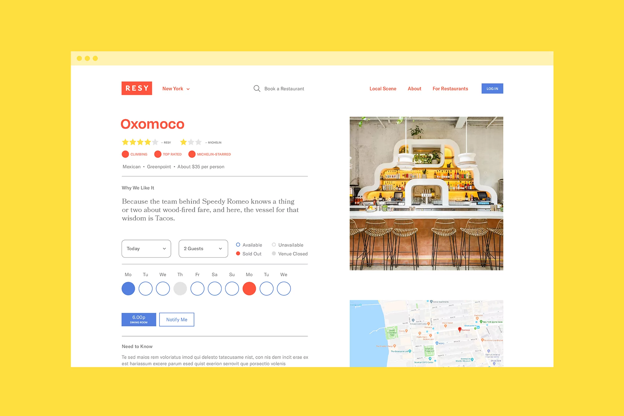 Restaurant booking app interface featuring the Oxomoco restaurant, showing availability, location map, and interior design details.