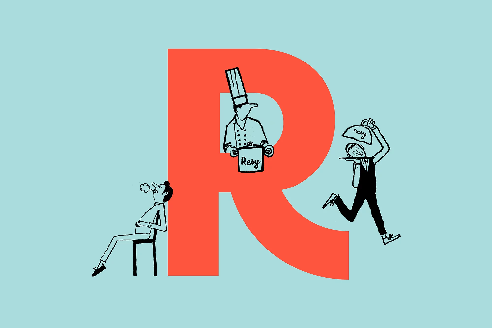 Illustration of the letter R with a chef, a server, and a seated person against a blue background. Restaurant concept illustration.
