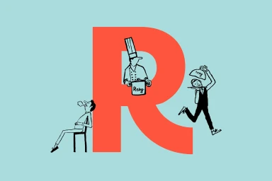 Resy brand identity illustration featuring a large red letter R and whimsical black ink character sketches against a light blue background.