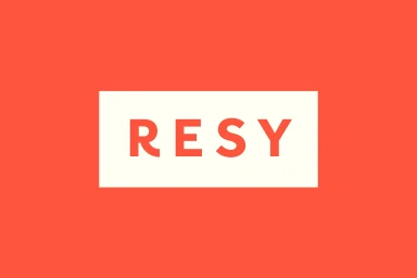 Resy brand logo typography in red text centered inside a white rectangular box against a solid red background