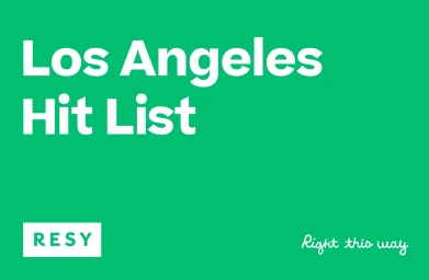 Resy brand identity graphic with white text reading Los Angeles Hit List and Resy logo on a vibrant green background.