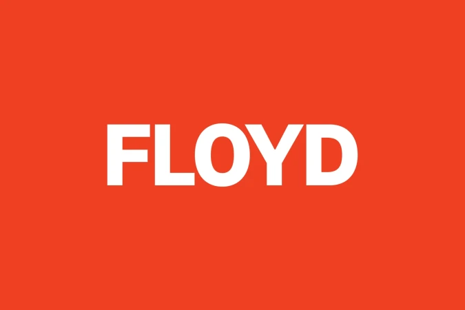 Floyd brand identity graphic featuring bold white sans-serif typography centered on a solid orange background.